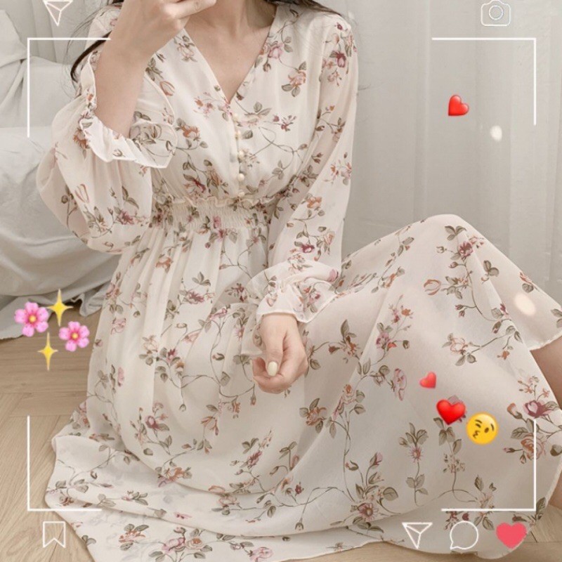 [ Mã FADIRECT20 giảm 20K đơn 150K] [Ảnh thật/Video]Váy hoa dài tay cúc ngực/Đầm hoa cúc ngọc siêu xinh